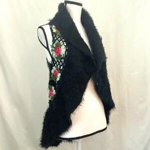 Crochet Handknitted Boho Black Fluffy Knit Open Shrug Pink Flower Detail Small